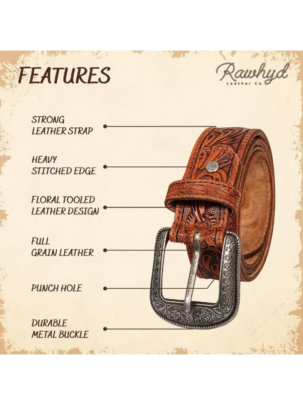 Full-Grain Men's Western Belt - Durable Tooled Leather, Versatile Buckle-Free